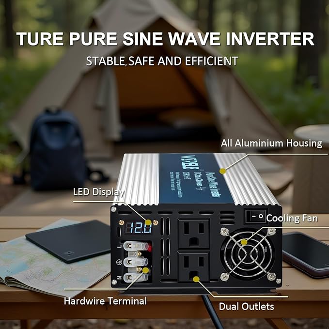 WZRELB 3000W Pure Sine Wave Inverter, Car Power Inverter 12V DC to 110V 120V AC Converter for RV, Truck, Solar, Outdoor with Dual AC Outlets, Hardwire Port, Surge 6000W, LED Display,Off-Grid