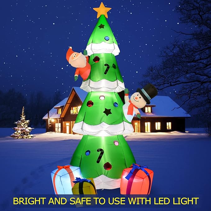 9Ft Christmas Inflatable Decoration Green Christmas Tree with Build in LED, Blow up Inflatable Tree with Multicolor Gift Boxes and Star for Christmas Party Indoor, Outdoor, Yard, Garden, Lawn Décor