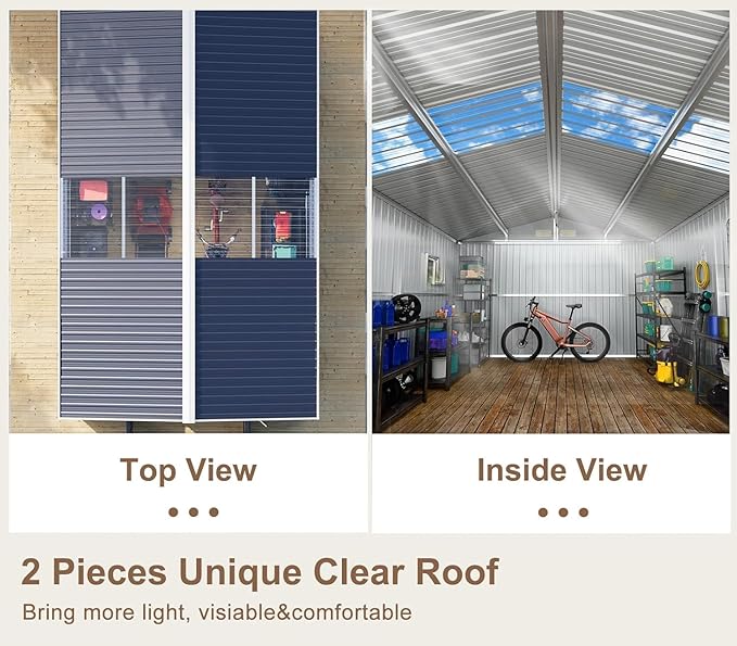 10x10 FT Metal Outdoor Shed with Floor Base Waterproof Large Tool House with Unique Clear Roof Skyview Windows Air Vents Door for Garden Patio Backyard Storage Lawnmower,Garage,Dark Grey