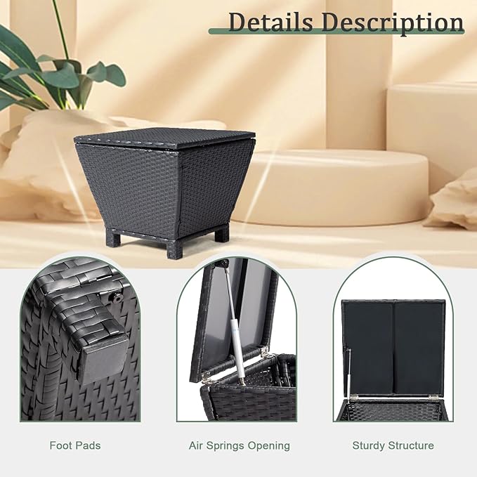 VINGLI 13 Gallon Outdoor Deck Box, Wicker Outdoor Storage Box with Lid, Small Storage Bin Container for Outside and Patio, Patio Rattan Side Table for Yard Porch (Black, Trapezoidal)