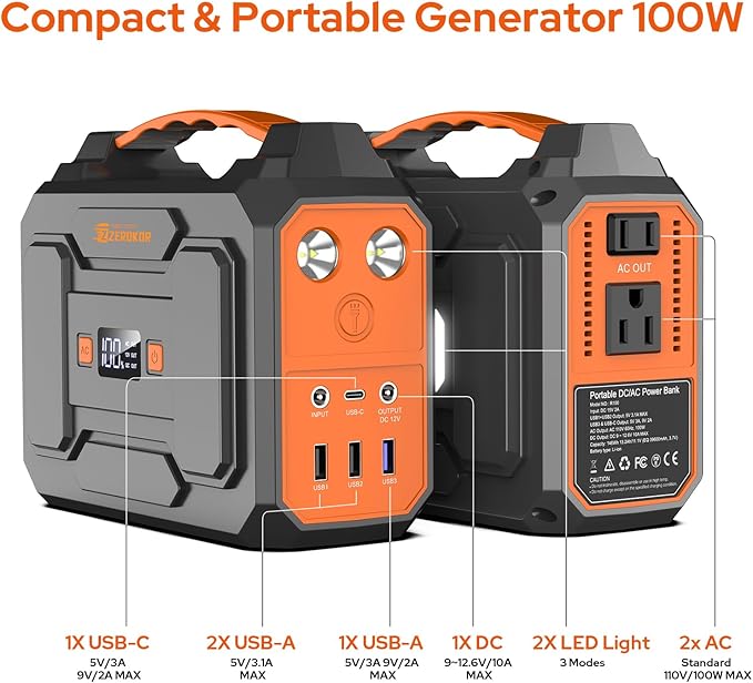 100W Portable Power Station with Foldable Solar Panel, 110V Camping Power Bank with AC Outlet, Rechargeable Battery Solar Generator Power supply for Smart Device Outdoor RV Travel, Emergency Backup