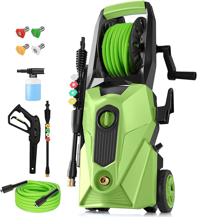 Pressure Cleaner 5000 PSI,2.8 GPM Power Cleaner with Foam Cannon,Portable Cleaner with 33ft Hose Reel,4 Nozzle Tips,and Soap Bottle for Cars/Home/Driveways/Patios/Decks/Fences(Green)