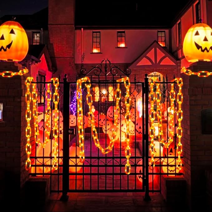 10Ft Halloween Chain String Light Decorations Outdoor Indoor, 160 LED Lights with 8 Modes Waterproof Lighted Prop Chains for Halloween Party Favors Yard Haunted House Spooky Decor(Orange)