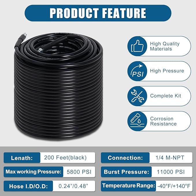 200FT Sewer Jetter Kit for Pressure Washer, 5800PSI Drain Cleaner Hose 1/4 Inch NPT Corner with 4 Sewer Jetting Nozzles，Waterproof Tape，Pearl Corsage Pin，Handle Strap & 2 Spanners (Black)