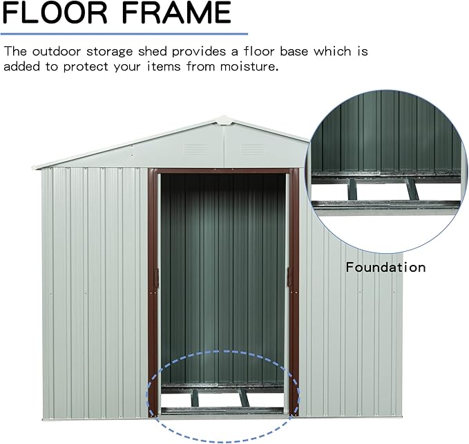6 x 5 FT Outdoor Storage Shed, Metal Garden Shed with Floor Frame, Tool Shed Outdoor Storage with Lockable Sliding Doors & Air Vents, Storage House Waterproof for Backyard, Lawn, White