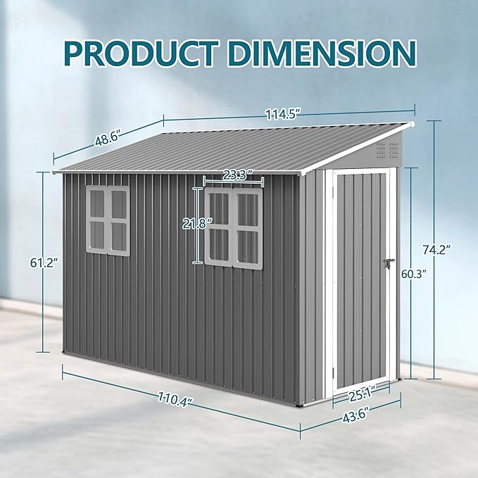 4X8 FT Outdoor Storage Shed W/ 2 Windows & Floor Frame,Lean to Shed W/Reversible Installation,Metal Garden Tool House W/Air Vents,Lockable Door & Sloped Roof,for Backyard Patio Lawn,Gray