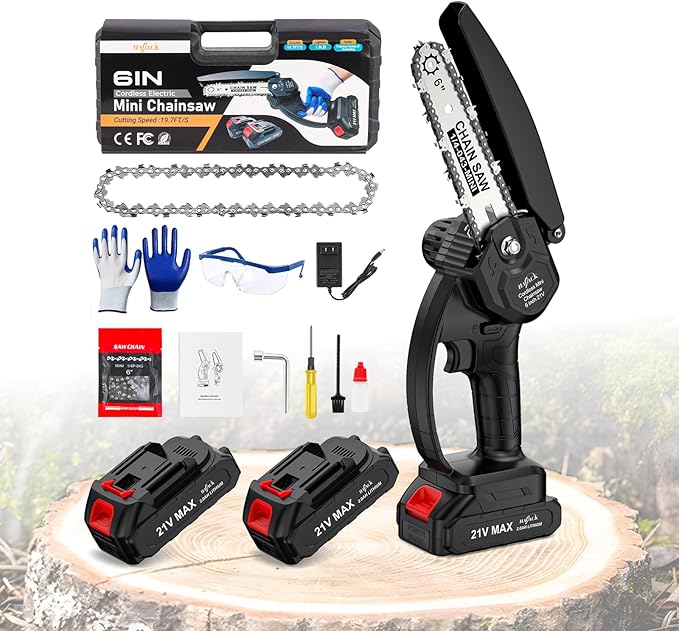 Mini Chainsaw Cordless, 6 inch Electric Chain Saw, Lightweight and Portable, Suitable for Women/Elderly/DIY Enthusiasts, with Two 21V2000mAh Batteries for Tree Pruning and Wood Cutting