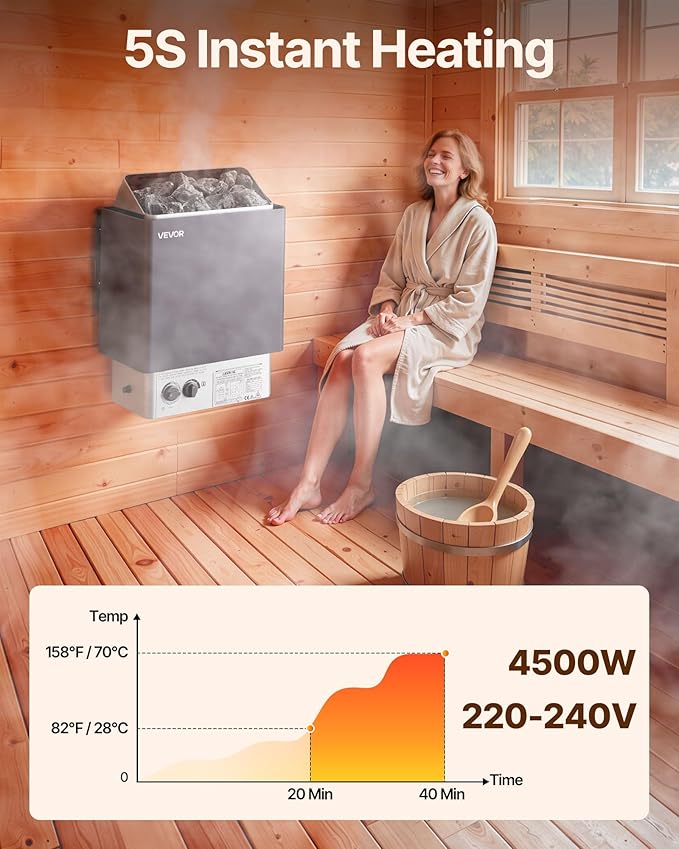 VEVOR Sauna Heater,220V Electric Sauna Stove, Steam Bath Sauna Heater 3h Timer and Adjustable Temp for Max. 176-318 Cubic Feet, (4.5KW) FCC Certification