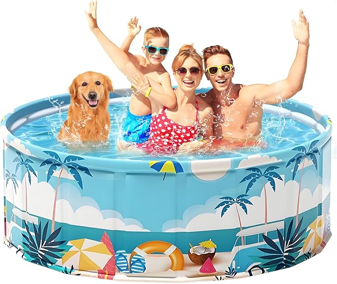Foldable Swimming Pool for Kids 79"x18" Hard Plastic Portable Dog Pool Anti-Slip Collapsible Pets Bathtub Kiddie Pool Indoor Outdoor Backyard (Beach Party 79'')