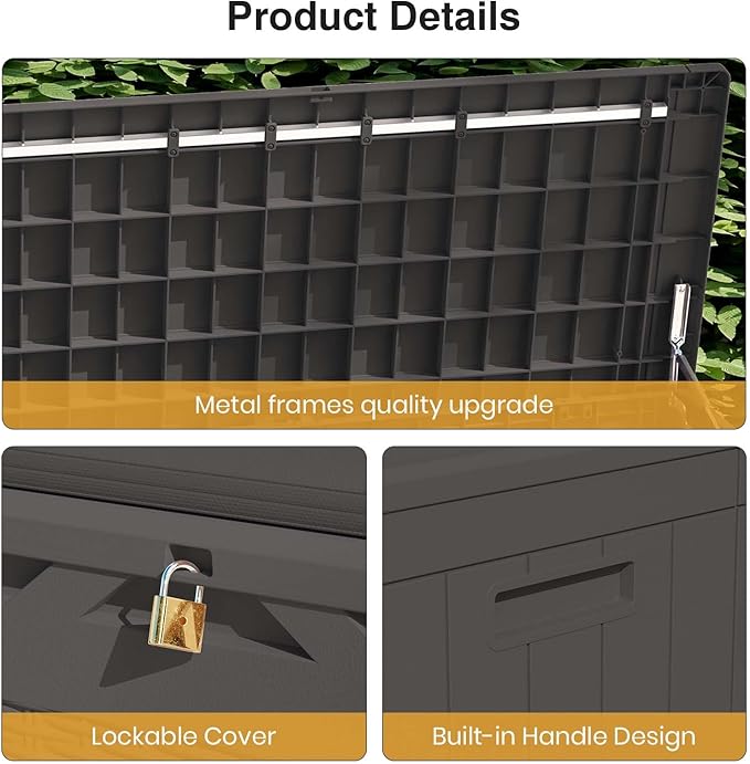 Patiolife 100 Gallon Resin Deck Box with Cushion, Large Outdoor Storage Box for Garden Tools, Pool Supplies, Waterproof and Lockable, Black