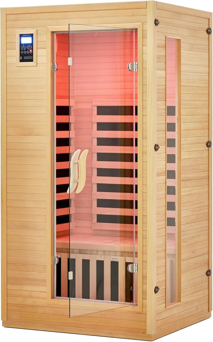 Garvee 2025 Upgrade 1 to 2 Person Sauna, 6 Heating Plate Infrared Physical Therapy Wooden Dry Steam Sauna, Low EMF, MP3 Auxiliary Connection, Dual Controls Inside and Outside Fits, Home Spa Day Use