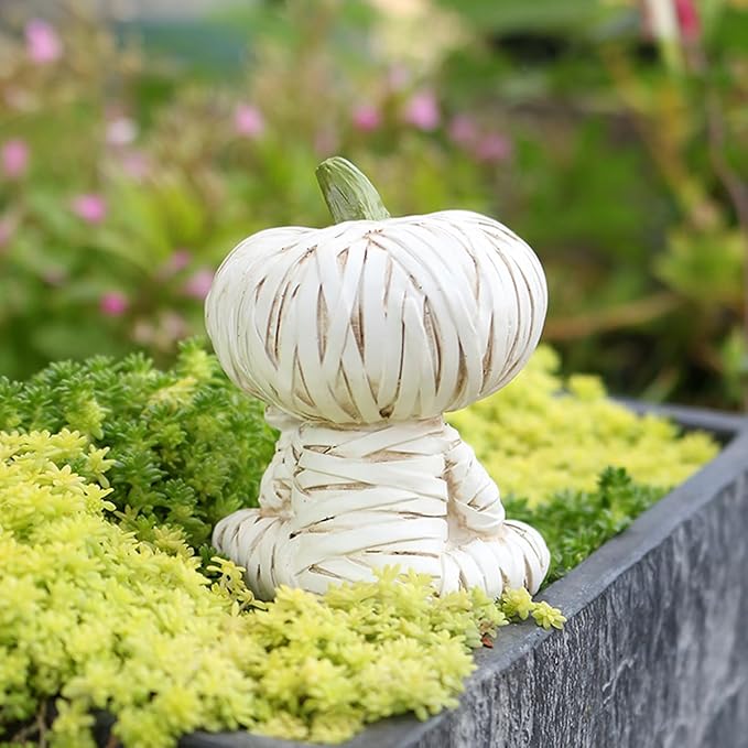 Fishing Pumpkin Head Mummy Statue Funny Halloween Decorations, 3.15 Inch Cute Sitting Figurine Shelf Sitter Resin Sculpture for Outdoor Garden Yard Lawn Pond Waterfalls Pool Ornaments