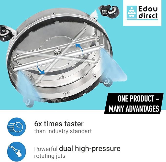 EDOU 18 inch Pressure Washer Surface Cleaner - Stainless Steel Power Washer Attachment - 4,000 PSI Max - Concrete Cleaner with Dual Nozzles and Extension Wands - Silver