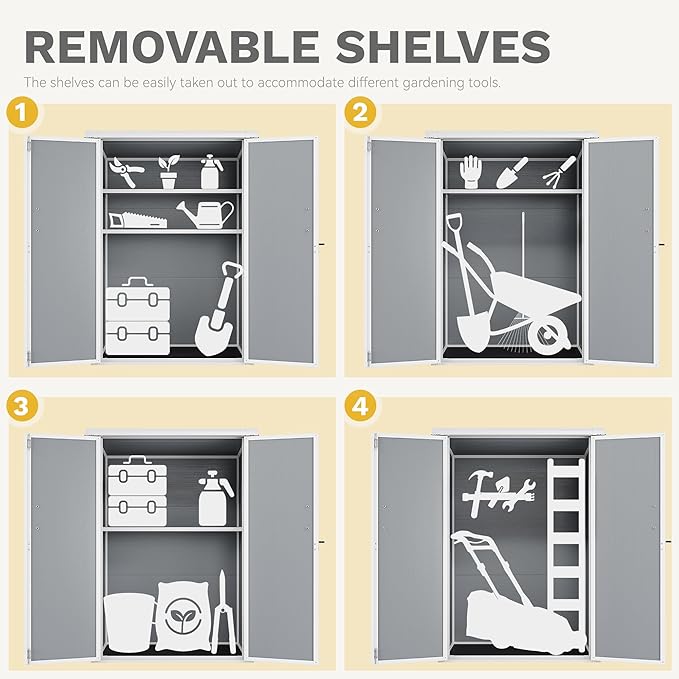 DWVO 60 Cuft Outdoor Tall Storage Shed with 2 Shelves, Weatherproof Vertical Tool Shed with Floor & Lockable Doors, Sturdy Double-Wall Plastic Cabinet for Garbage Cans and Garden Equipment (Gray)
