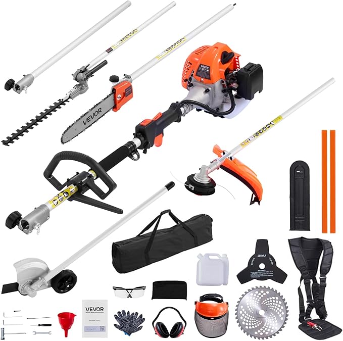 Gas Chainsaw with Extension Pole VEVOR, Top Handle 12 Inch, 26cc 2-Cycle 7-in-1 Pole Saw Multi-Tool w/Safety Gear—Hedge Trimmer, String Trimmer/Weed Eater, Edger, Brush Cutter (3T/40T)