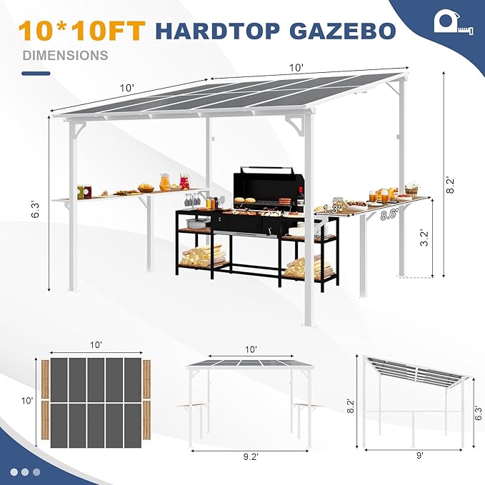 MEISSALIVVE 10' x 10' Wall Mounted Gazebo, Outdoor BBQ Grill Gazebo with Side Shelf, Lean to Metal Awnings with Sloped Roof, Heavy Duty Pergola for Backyard, Deck, White