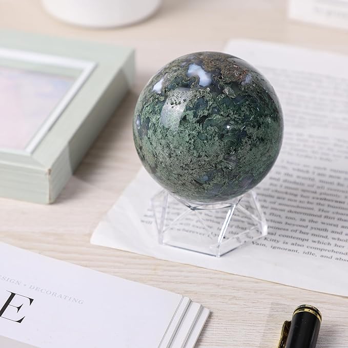 Natural Moss Agate Crystal Ball with Acrylic Display Base, 61-70mm Polished Stone Feng Shui Crystal Sphere Meditation Decoration for Home & Office