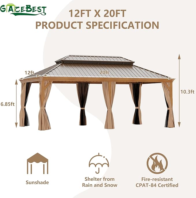 12'x20' Hardtop Gazebo, Outdoor Aluminum Patio Gazebo Double Roof Galvanized Steel Wooden Finish Coated Canopy with Netting and Curtains for Garden, Patio, Backyard, Deck and Lawns.