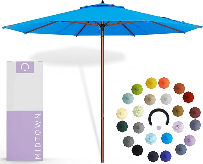 Midtown Umbrellas The Wooden 10 Feet Patio Umbrella With Terylast Cobalt (Blue) Polyester Fabric - Aluminum Frame Market Umbrella For Backyard, Deck, Garden, Pool - Wooden Pole