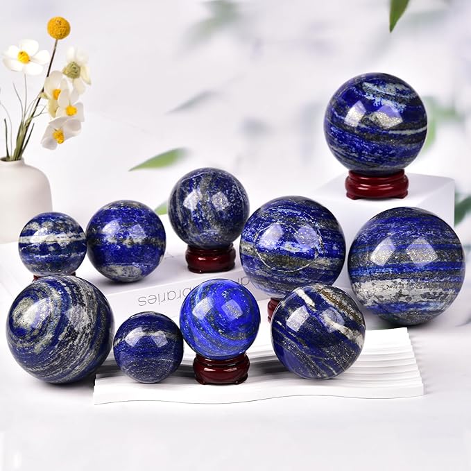 JIC Gem Lapis Lazuli Crystal Sphere Blue Quartz Crystal Ball with Wooden Stand Meditation Balls for Witchcraft and Decorative Balls 50-60mm