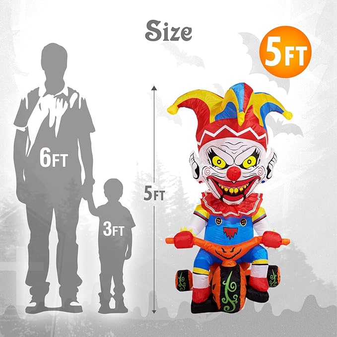 WBHome 5 Ft Halloween Inflatable Outdoor Clown Bicycle Decorations, Day of The Dead Blow Up Yard Decor with Built-in LED Light (Plug in) for Lawn Home Dia de Los Muertos Party Indoor Outdoor