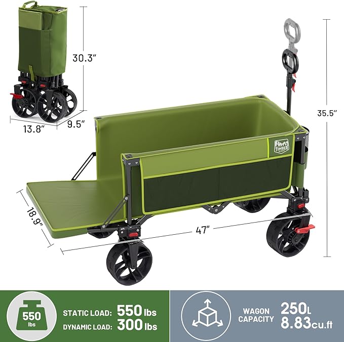 TIMBER RIDGE 47"L Collapsible Folding Wagon with Tailgate, 550lbs Heavy Duty Beach Wagon with All-Terrain Big Wheels, 250L Foldable Utility Wagon Cart for Sand Camping Sports Shopping, Green