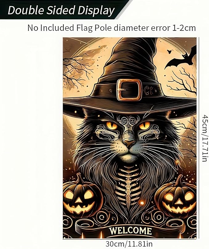 Halloween Garden Flag - Cat Witch Hat, 12x18 Inch Double-Sided Vertical Fall Holiday Outdoor Decorative Flag for Porch, Lawn, Garden