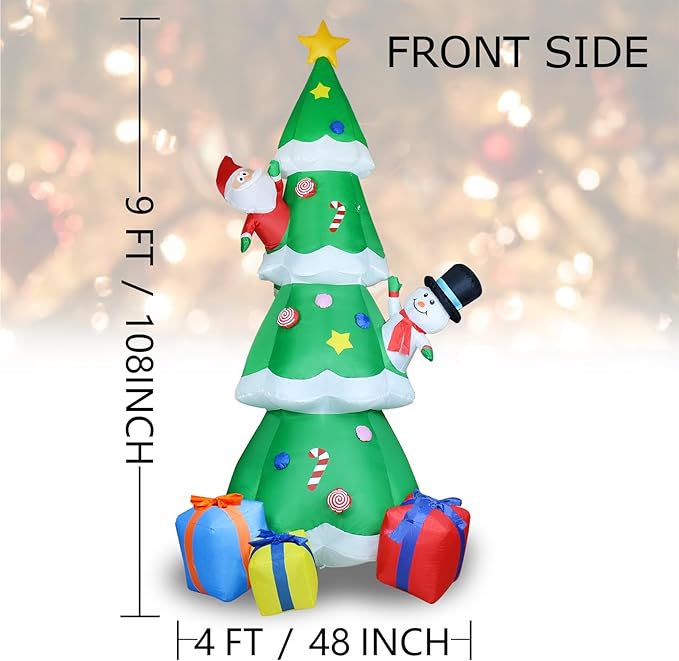 9Ft Christmas Inflatable Decoration Green Christmas Tree with Build in LED, Blow up Inflatable Tree with Multicolor Gift Boxes and Star for Christmas Party Indoor, Outdoor, Yard, Garden, Lawn Décor