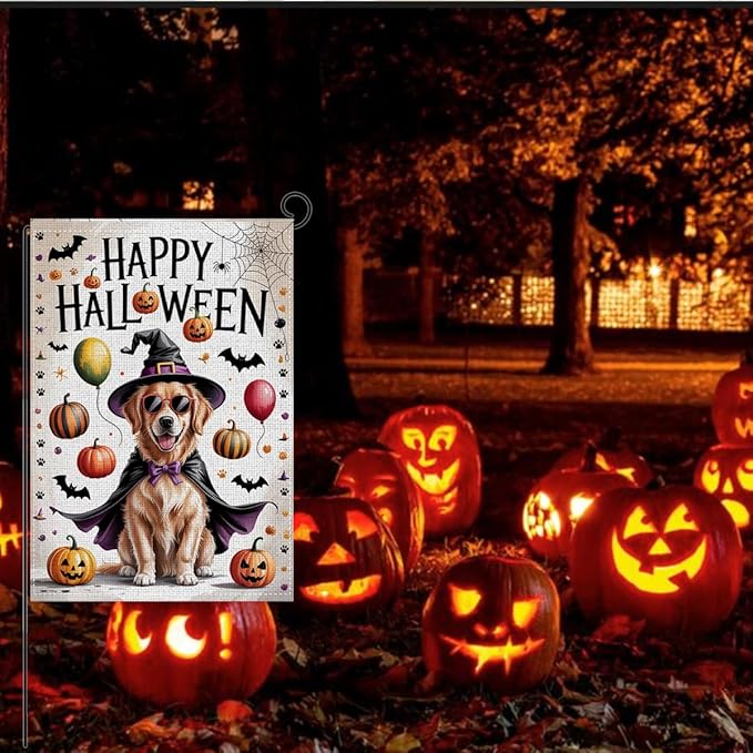 HTBIG Happy Halloween Garden Flag, Dog Pumpkin Halloween Decor, Yard Flags for Outside 12x18 inch, Outside Yard for Home Decorations