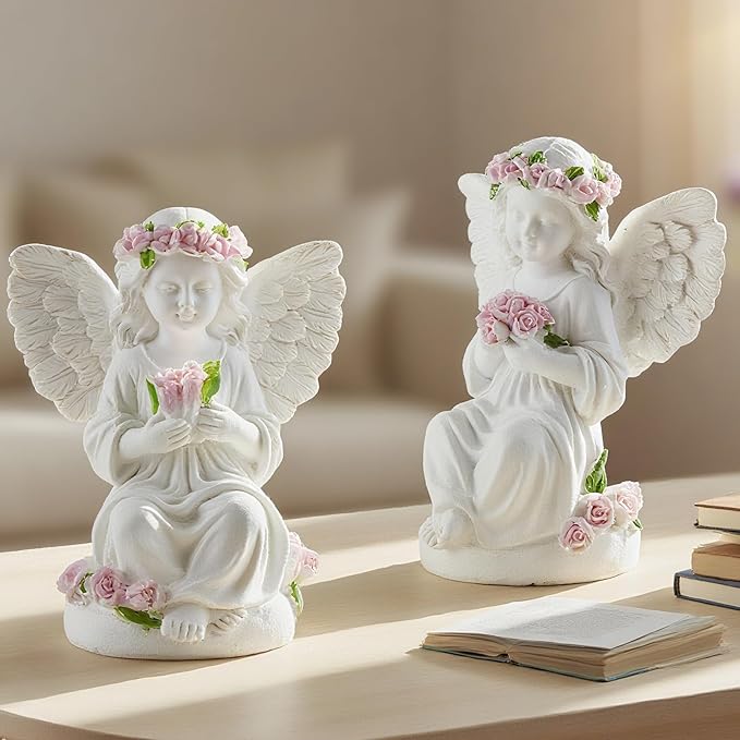 Resin Angel Statues Holding Pink Roses: Indoor & Outdoor Winged Angel Decor, Ideal for Home and Garden, Perfect Blessing Gift for Parents and Friends