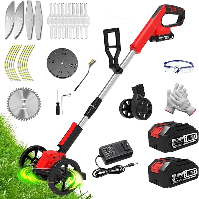 Weed Wacker Cordless, Electric Weed Trimmer Battery Powered with 2 Battery Operated & Charger & 5 Types Blades & Wheels, No-String Grass Trimmer/Lawn Edger/Brush Cutter for Garden Yard
