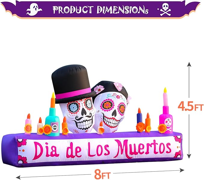 DomKom 8FT Halloween Inflatable Blow Up Decorations, Dia de Los Muertos Day of Dead Catrina Skulls Altar, Built-in LEDs for Holiday Party, Garden, Lawn, Yard, Patio Décor