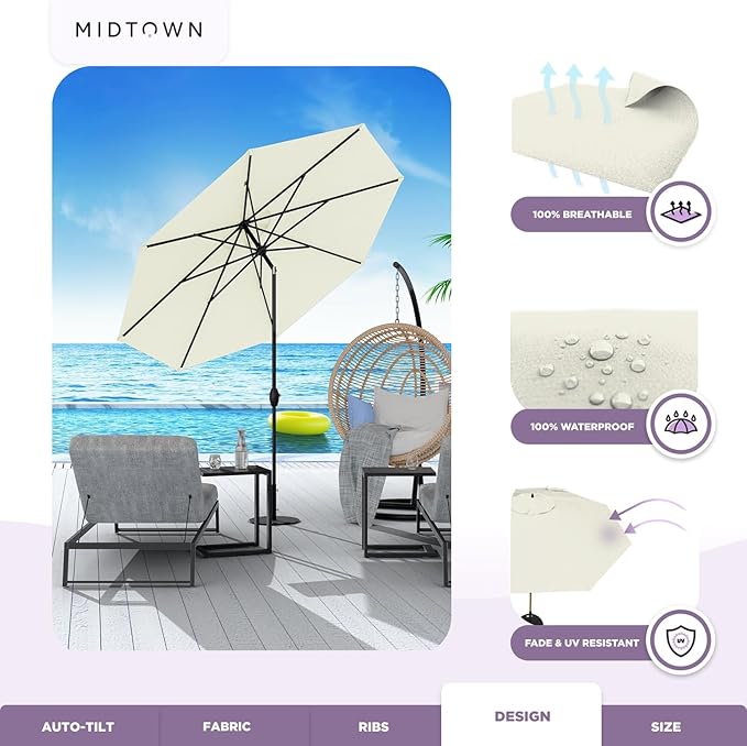 Midtown Umbrellas Sunbrella Umbrella 8 Feet Outdoor Umbrella With Sunbrella Canvas Natural Acrylic Fabric - Auto-Tilt Aluminum Frame Patio Umbrella For Backyard, Deck, Garden, Pool - Black Pole