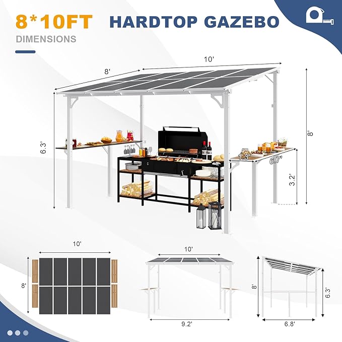 MEISSALIVVE 8' x 10' Wall Mounted Gazebo, Outdoor BBQ Grill Gazebo with Side Shelf, Lean to Metal Awnings with Sloped Roof, Heavy Duty Pergola for Backyard, Deck, White