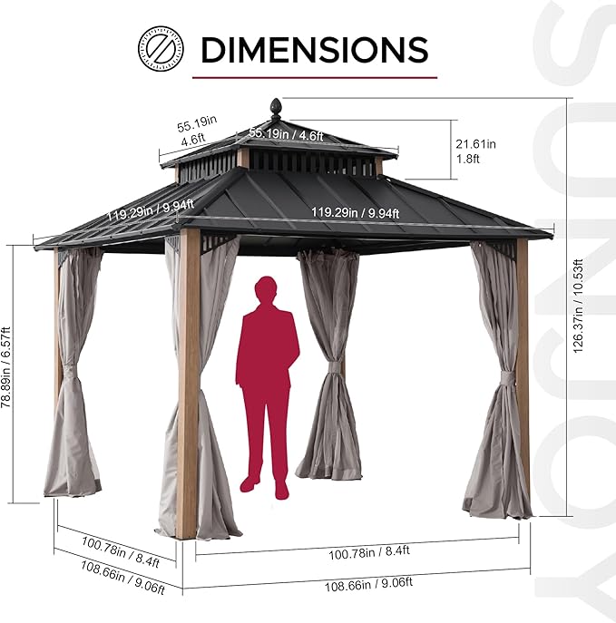 SUNJOY Kingston 10' x 10' Hardtop Gazebo with Galvanized Steel Double Roof, Curtain and Netting, Woodgrain Finish Aluminum Posts Permanent Pavilion Gazebo for Garden, Patio, Deck, Lawn