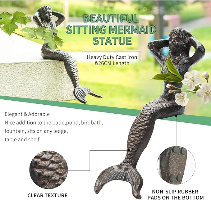 Sungmor Heavy Duty Cast Iron Mermaid Statue - 26CM Tall Sitting Mermaid Figure Ornament - Great Home & Garden Sculpture for Decorate Swimming Pool/Pond/Planter Stands/Book Shelf/Corner Table
