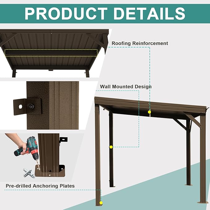 Domi 8’x10’ Lean-to Gazebo, Hardtop Wall-Mounted Gazebo Pergola with Sloping Galvanized Steel Roof and Upgraded Drainage System, Outdoor Permanent Metal Shelters for Patio Backyard Deck, Brown
