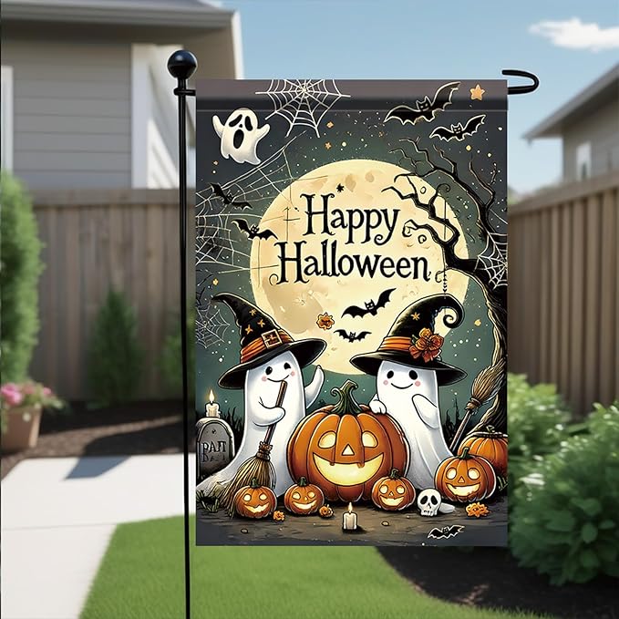 Halloween Garden Flag Funny Ghost Pumpkin Witch Hat Outdoor Yard Decoration Happy Halloween Banner 12x18 Inch Double Sided Holiday House Lawn Flag Vertical Seasonal Yard Sign Decor