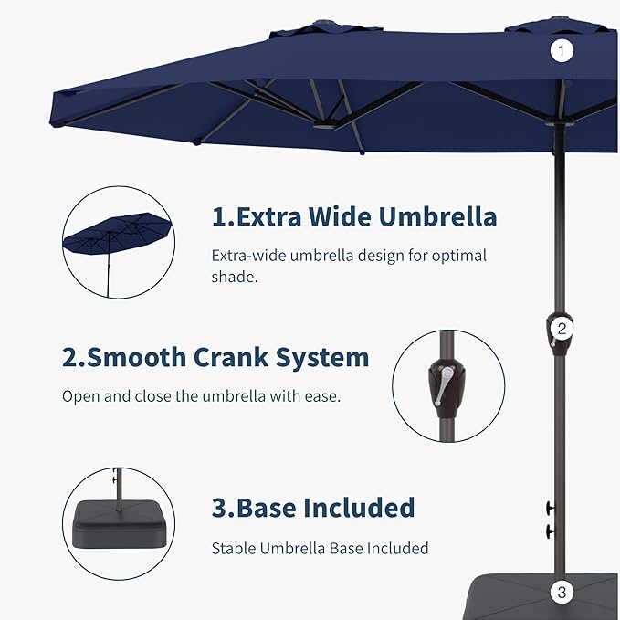 15FT Double Sided Patio Umbrella with Base Included Large Outdoor Market Umbrella with Crank Handle, UV Resistant Canopy, Sturdy Frame for Garden, Poolside, Deck, Navy Blue