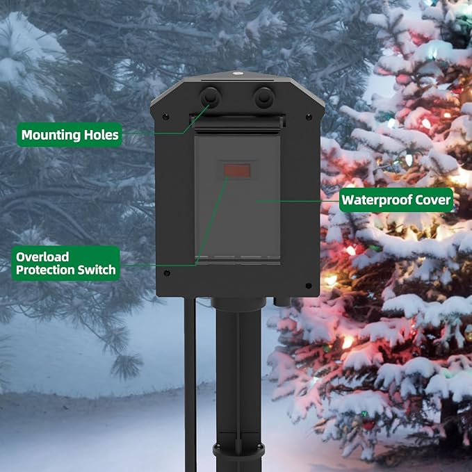 TiFFCOFiO Outdoor Power Strip Weatherproof, 25 FT Extension Cord with Stake, 6 Grounded Outlets for Halloween/Christmas Decorations and Inflatables, 15A/1875W, ETL Listed
