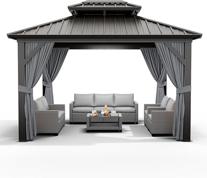 12'x12' Hardtop Gazebo, Heavy Duty Aluminum Permanent Hardtop Gazebo Outdoor Pavilion with Curtains and Netting for Garden (Gray, 12'x12')
