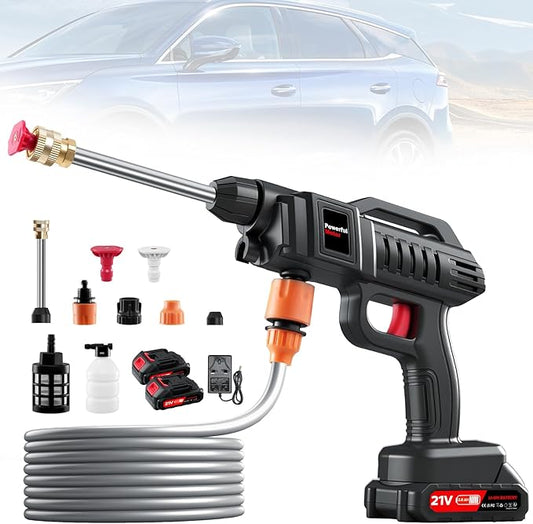 1500W Portable Battery Power Washer, 60Bar/870PSI Electric Pressure Washer Handheld High Pressure Car Washer Gun with 2 Nozzles, 2 Battery, 5m Hose Cordless Jet Washers for Car/Floor/Patio