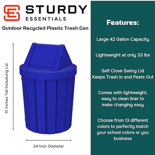 42 Gallon Round Slatted 100% Recycled Plastic Indoor or Outdoor Commercial Trash Can with Easy Access Swing Top Lid | Great for Schools and Businesses - Blue