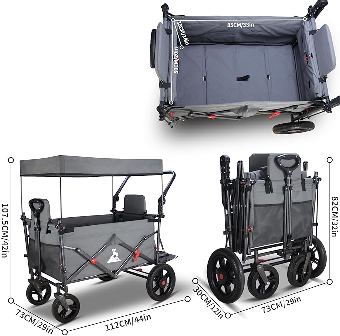 Collapsible Foldable Wagon Cart with All Terrain Wheels &Canopy& 2 Seats- Heavy Duty Utility Wagon 265 lbs Capacity for Camping, Garden, Shopping (Grey)