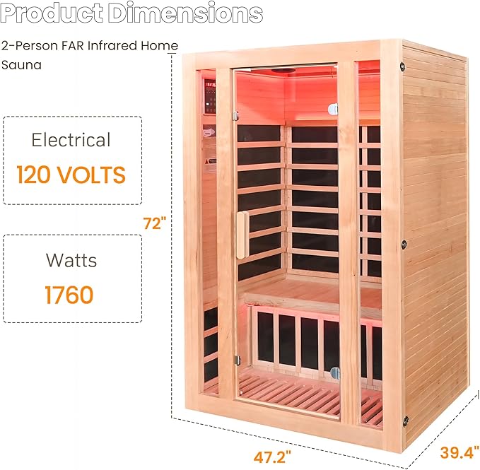 2 Person Infrared Sauna with Red Light Therapy, 1760W 120V Low EMF with Control Pane Home Indoor Dry Sauna Room for Gym & Spa, Made from Canadian Hemlock