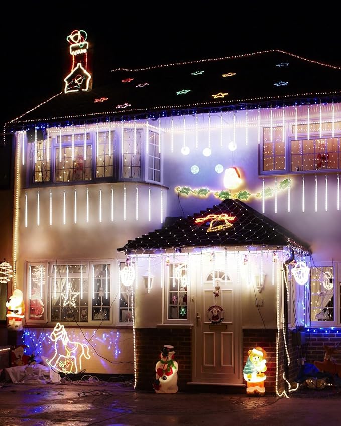 White 10 Tube 240 LED Raindrop Meteor Shower Icicle Lights with Timer Function for Holiday Party Christmas Decorations