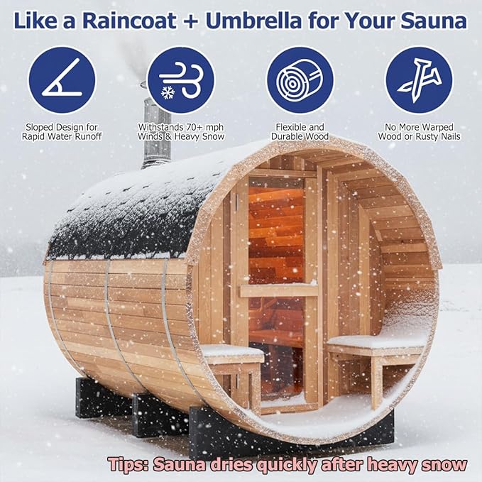 Fully Customize Barrel Sauna 4-8 Person, Hybrid Heating Option, Canadian Red Cedar, Glass Window Option, Scenic Porch, Wood Burning Stove,Harvia Heaters, Infrared Sauna,Red Light Therapy Device