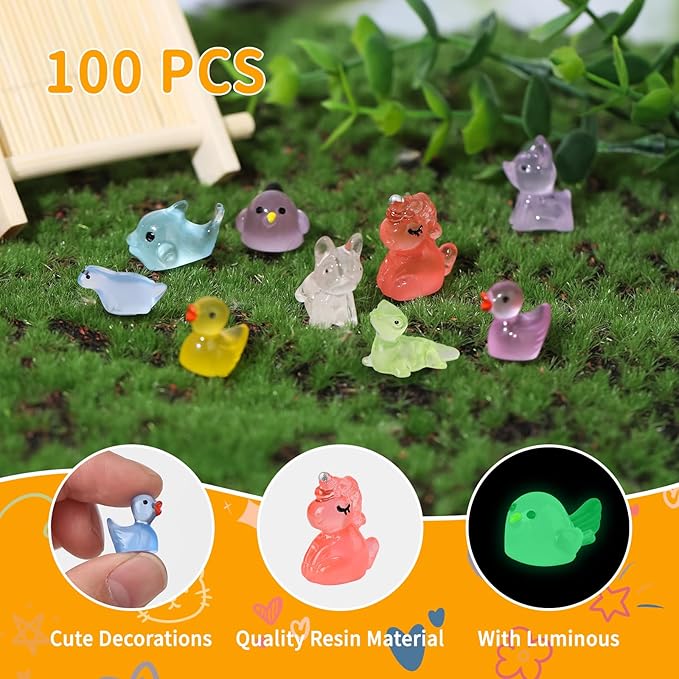 100 Pcs Tiny Resin Animals to Hide, Mini Luminous Resin Animals Bulk for Miniature Fairy Garden Accessories Micro Landscape Aquarium Cake Potted Plants Dollhouse Moss Patio Home Decor Crafts