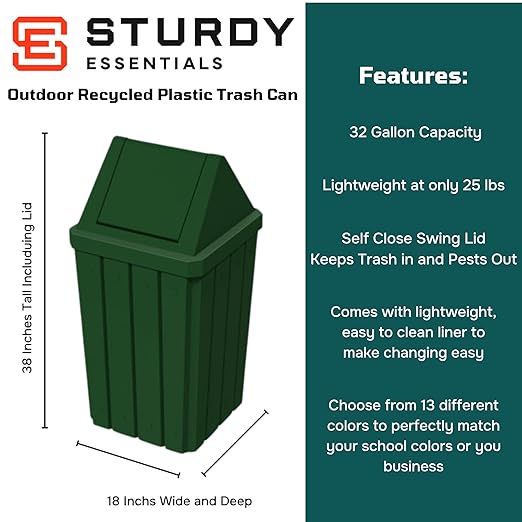 32 Gallon Square Slatted 100% Recycled Plastic Heavy Duty Outdoor Commercial Trash Can with Swing Top Lid | Great for Schools and Businesses - Green