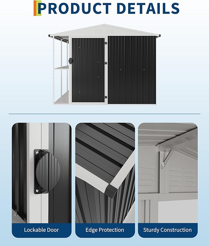 8X10 FT Large Metal Outdoor Storage Shed, Galvanized Steel Garden Tool Shed with Lockable Double Doors & Ventilation for Bicycles, Tools, Lawnmowers, Backyards, Patios, Lawns, Brown